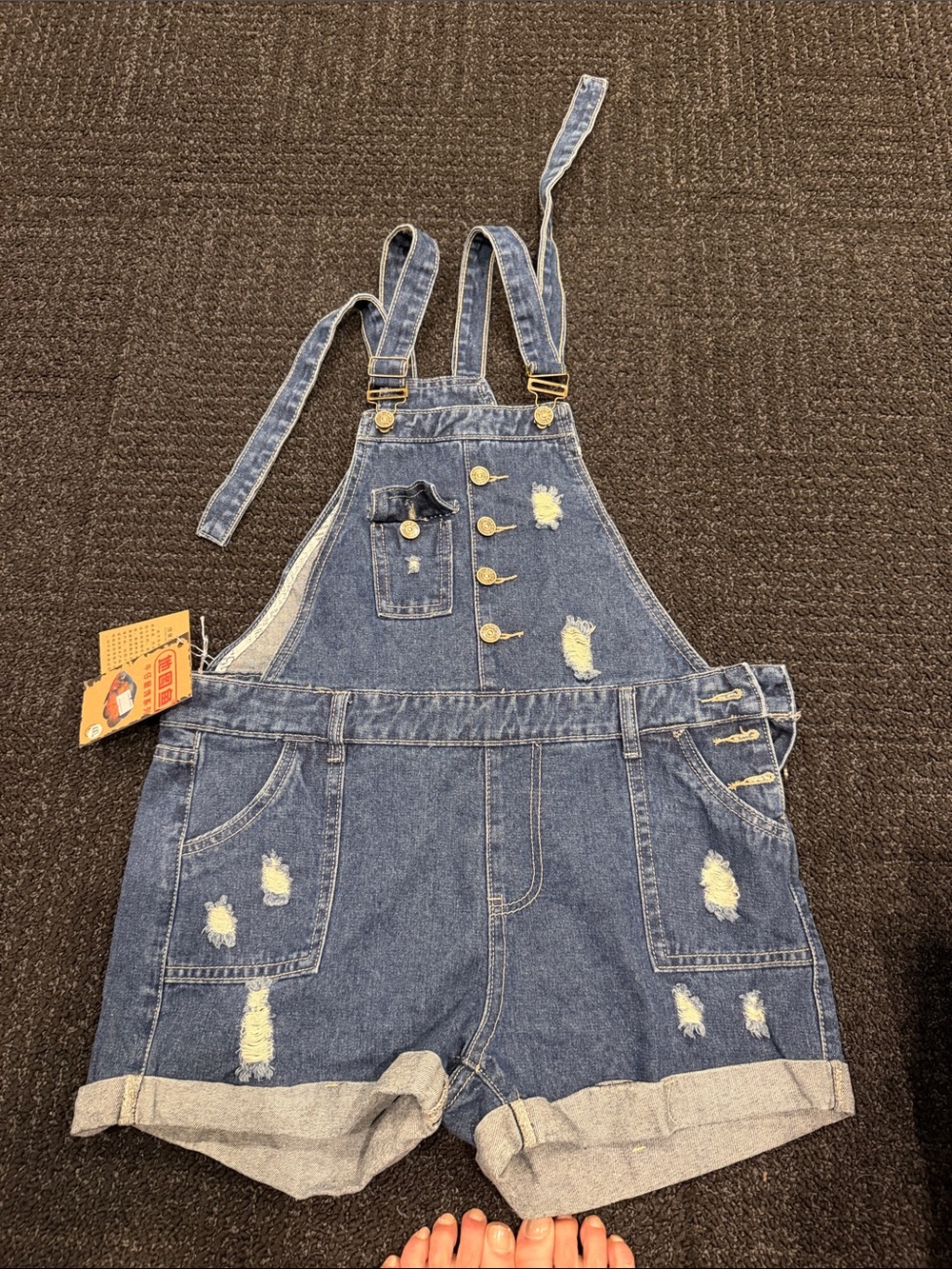 Kids Distressed Denim Short Overalls - Blue